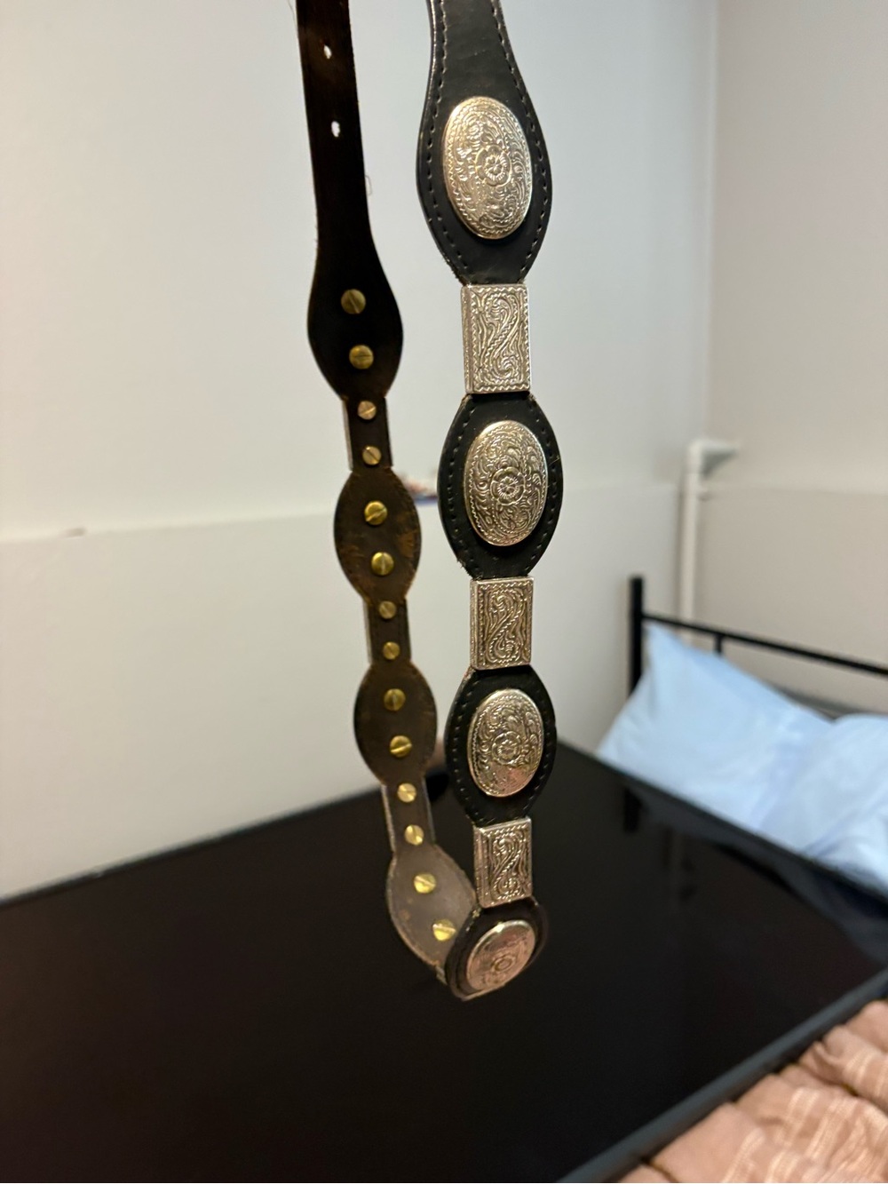 Decorative Black Leather Wall Hanging with Silver Medallions